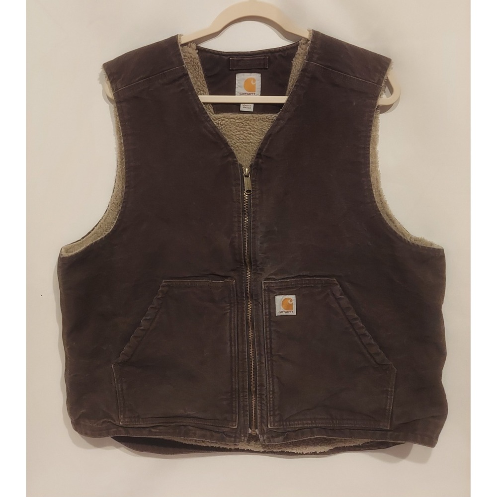 Carhartt Mens Brown Washed Duck Canvas Sherpa Lined Vest Size Large V394